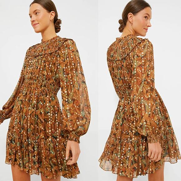 NWT Ulla Johnson Elisa Elastic Cuff Chiffon Pull-On Mini Dress Tiger's Eye - Picture 1 of 8